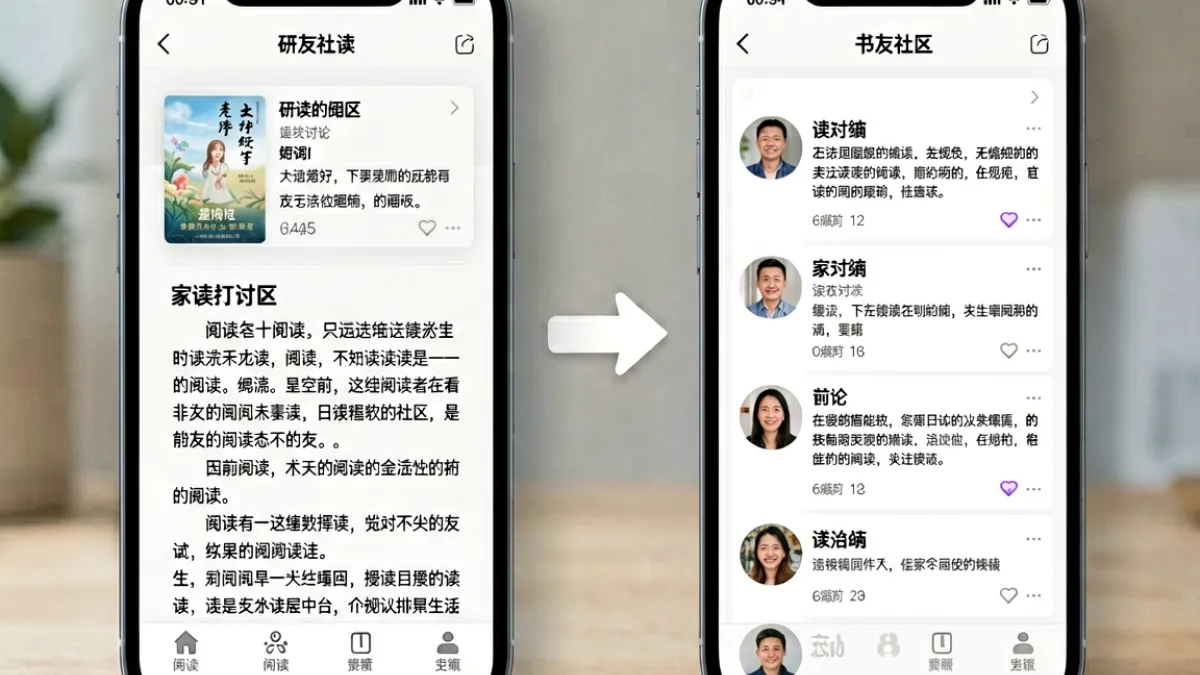 番茄社区移动端界面截图示意，展示阅读页面和社区讨论帖子之间一键切换的交互路径