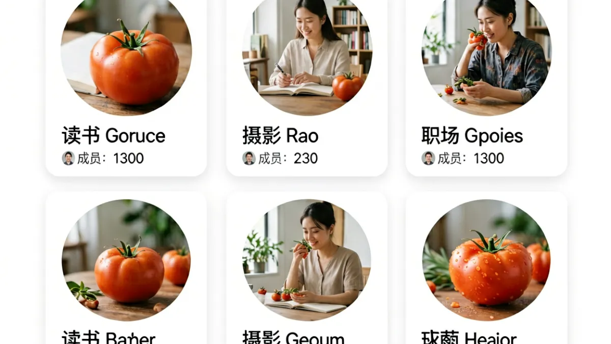 番茄社区话题圈子页面，多个兴趣分类圈子的卡片排列展示