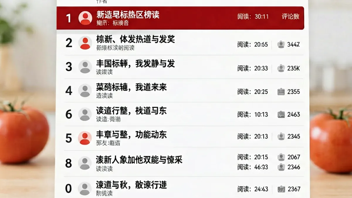 番茄社区热门内容榜单页面，展示当日阅读量靠前的帖子标题与互动数据